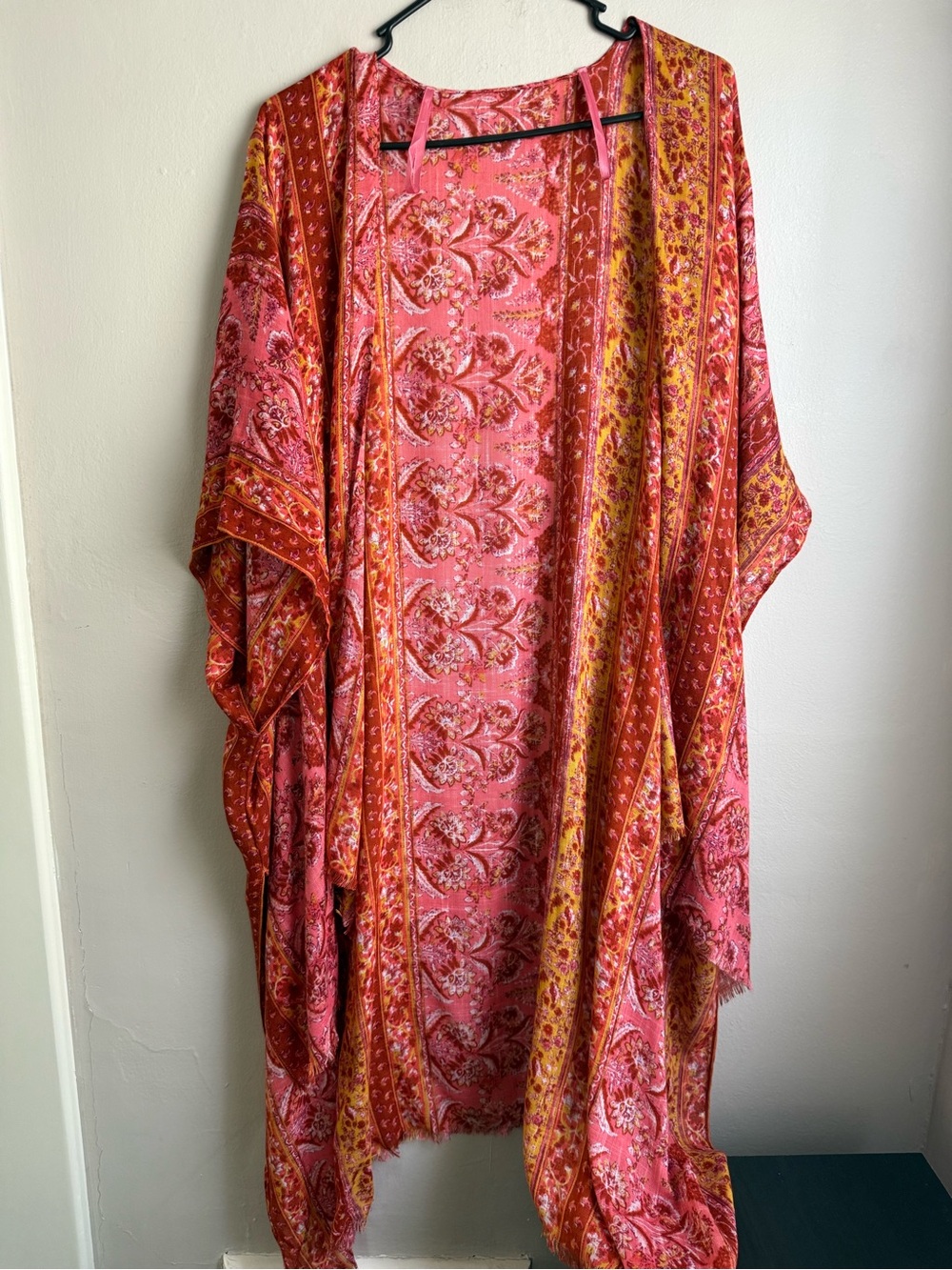 Boho Paisley Kimono Duster | Coral Pink & Mustard | Lightweight ViscoseOne Size